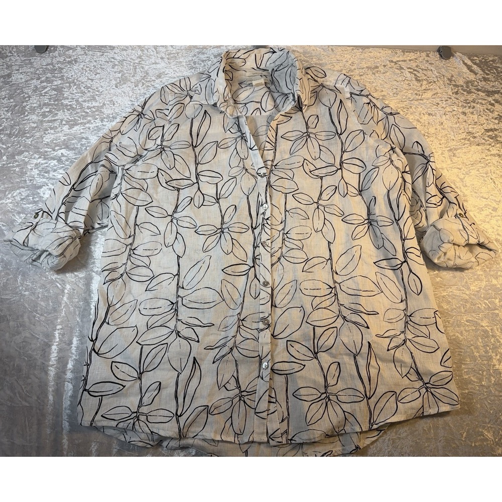 Cynthia Rowley Linen Shirt Women L Floral Oversized Relaxed 3/4 Sleeve Button Up